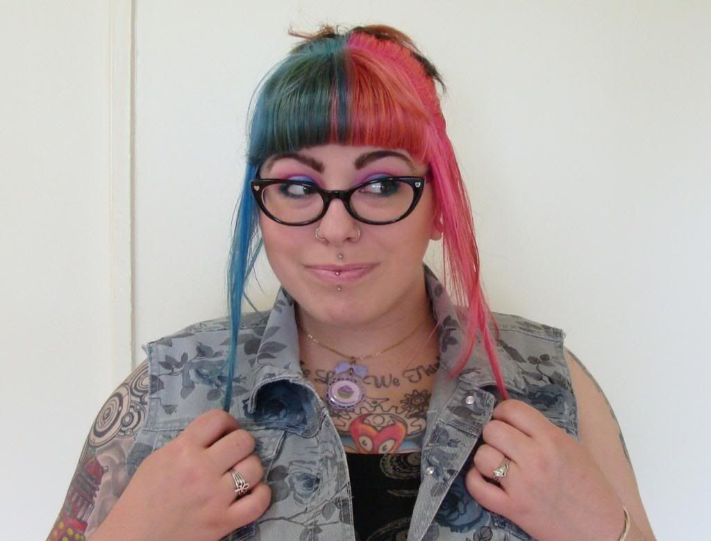 outfit of the day, ootd, pink hair, blue hair, half and half hair, denim vest, imyourpresent, etsy, floral vest, target vest